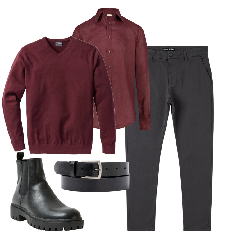Outfit uomo - Grigio e bordeaux. Stile Urban per Tutti i giorni. Abbinamento con maglieria, pantaloni chino, stivali e stivaletti, cinture, camicie.