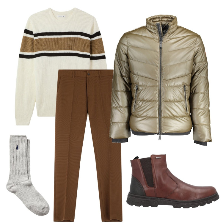 Outfit uomo - Il piumino lurex. Stile Urban per Tutti i giorni. Abbinamento con stivali e stivaletti, maglieria, pantaloni, calzini, giacche.