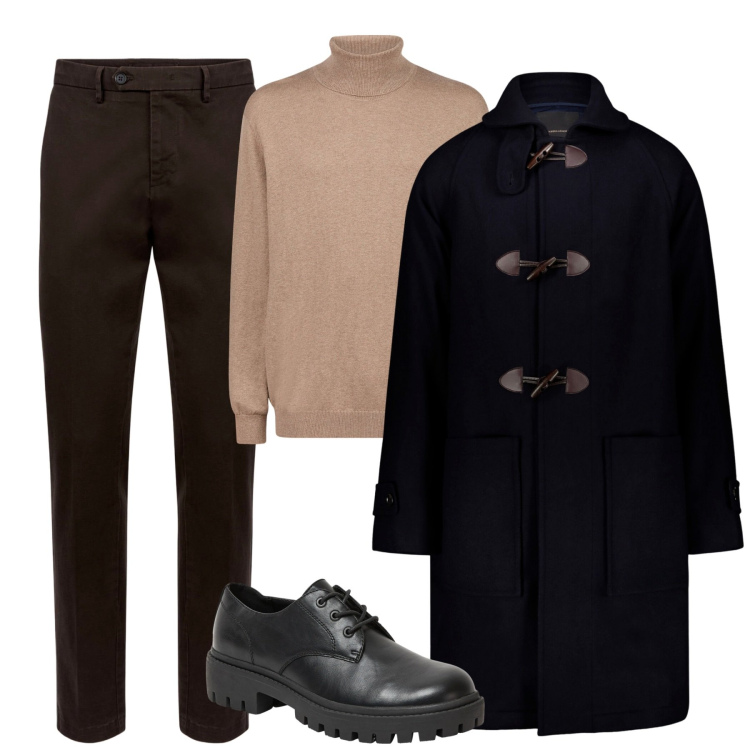 Outfit uomo - City. Stile Urban per Tutti i giorni. Abbinamento con scarpe stringate, montgomery, pantaloni chino, maglieria.