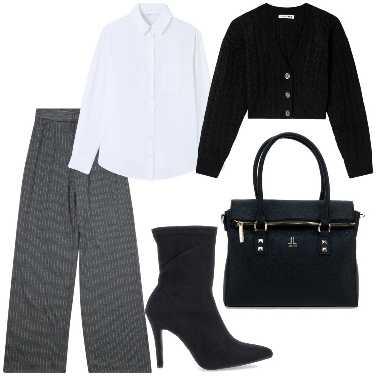 Outfit donna - Eleganza autunnale. Stile Chic per Ufficio. Abbinamento con cardigans, camicie, pantaloni, borse a spalla, stivaletti.