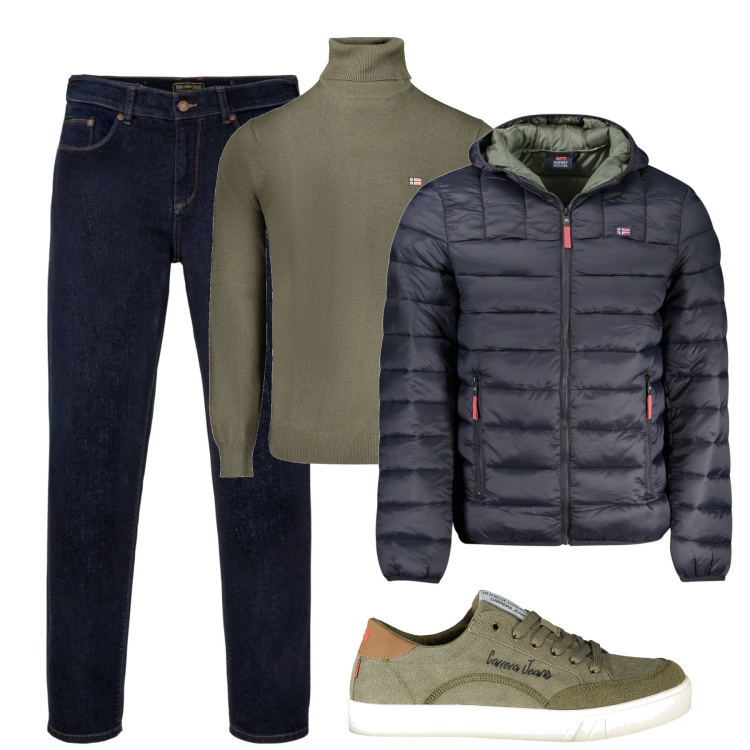 Outfit uomo - City. Stile Casual per Tutti i giorni. Abbinamento con jeans dritti, giacche, sneakers, maglieria.