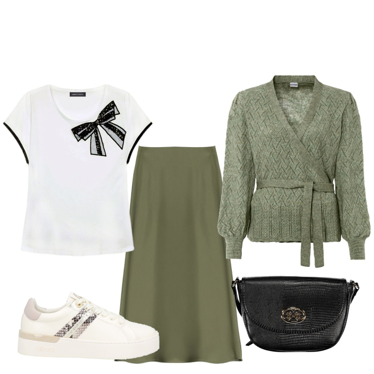 Outfit donna - Serata cinema. Stile Basic per Tutti i giorni. Abbinamento con maglieria, sneakers, gonne longuette, borse a tracolla, t-shirt.