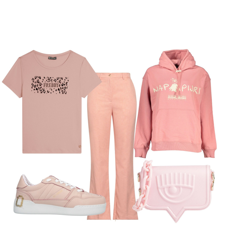 Outfit donna - Pink. Stile Basic per Tutti i giorni. Abbinamento con borse a tracolla, sneakers, pantaloni, t-shirt, felpe con cappuccio.