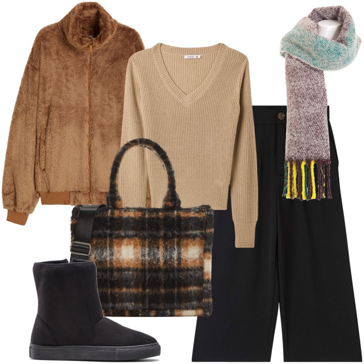 Outfit donna - Ben coperta. Stile Basic per Tutti i giorni. Abbinamento con stivali, pantaloni a palazzo, shopping bag, maglieria, sciarpe, blazer.