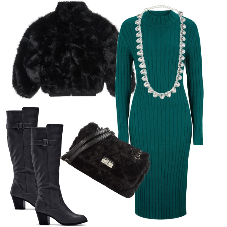 Outfit donna - Coat e pochette peluche. Stile Sexy per Serata fuori. Abbinamento con stivali, vestiti midi/longuette, ecopellicce, collane, borse a spalla.