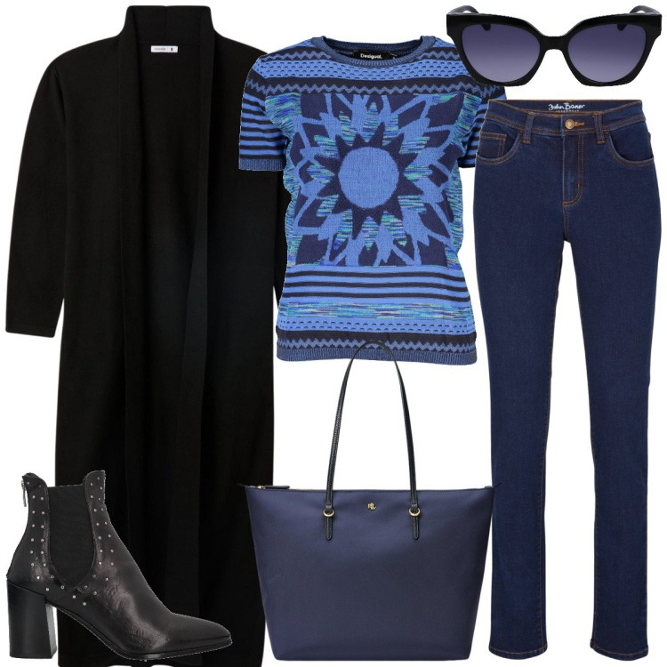 Outfit donna - In città. Stile Casual per Tutti i giorni. Abbinamento con jeans, stivaletti chelsea, cardigans, borse tote, maglieria, occhiali da sole.