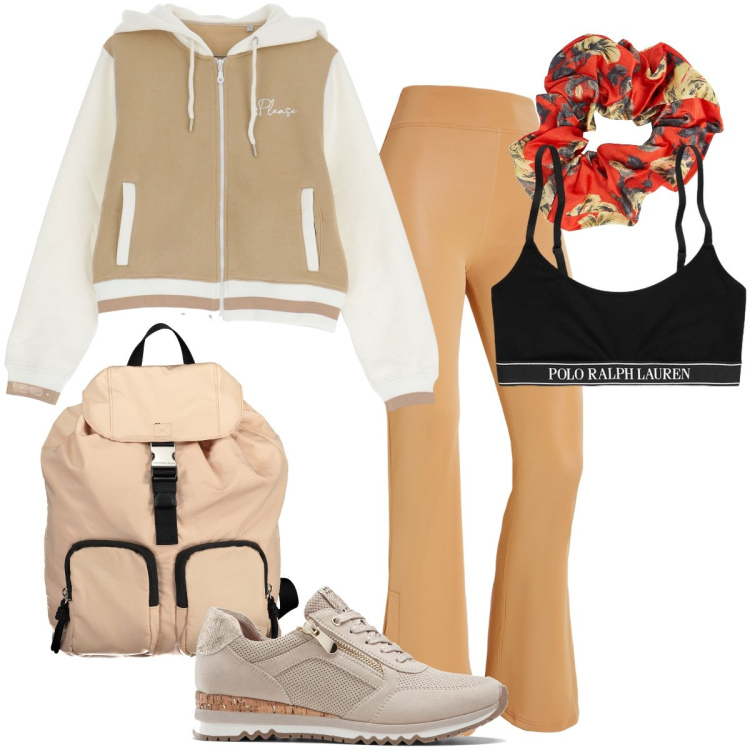 Outfit donna - Lezione di yoga. Stile Sporty chic per Sport. Abbinamento con sneakers, felpe con cappuccio, pantaloni, canottiere, zaini, accessori per capelli.