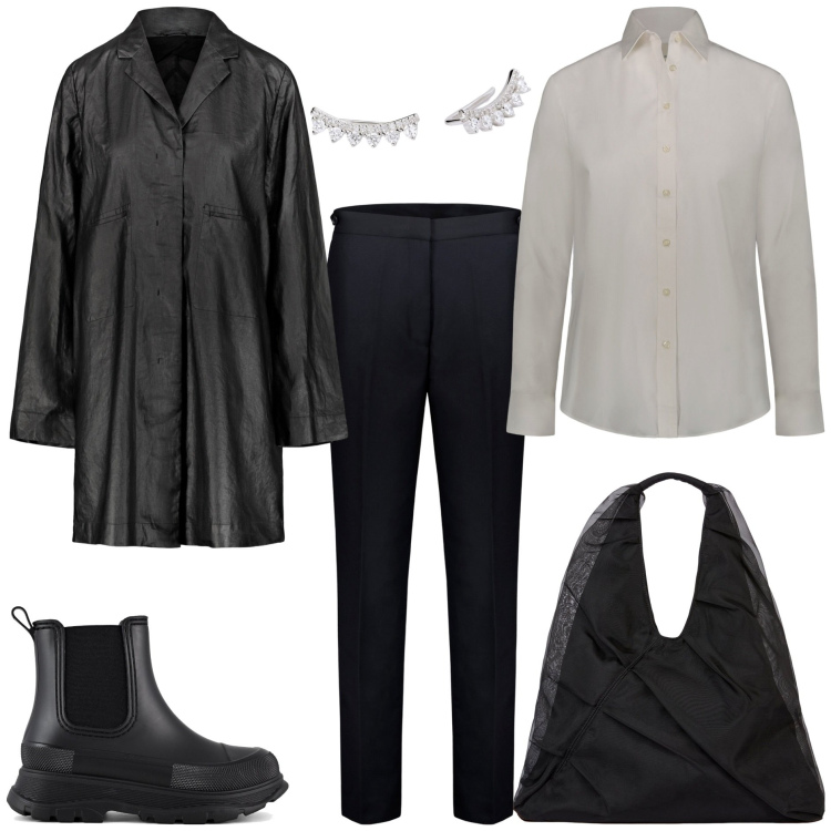 Outfit donna - Piove. Stile Casual chic per Tutti i giorni. Abbinamento con orecchini, pantaloni, stivali, shopping bag, camicie, trench.