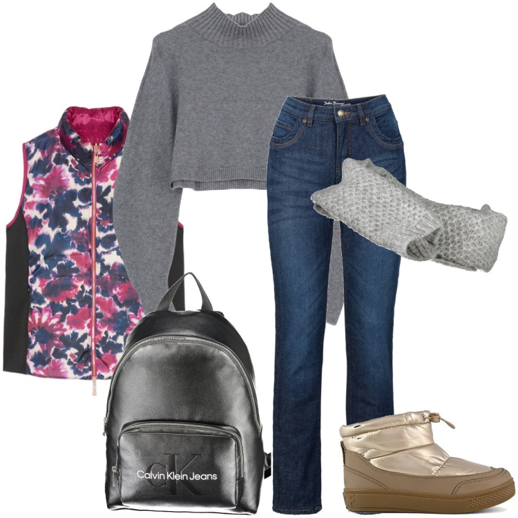 Outfit donna - Lo smanicato a fiori. Stile Minimal per Tutti i giorni. Abbinamento con jeans dritti, maglieria, zaini, stivaletti, sciarpe, piumini.