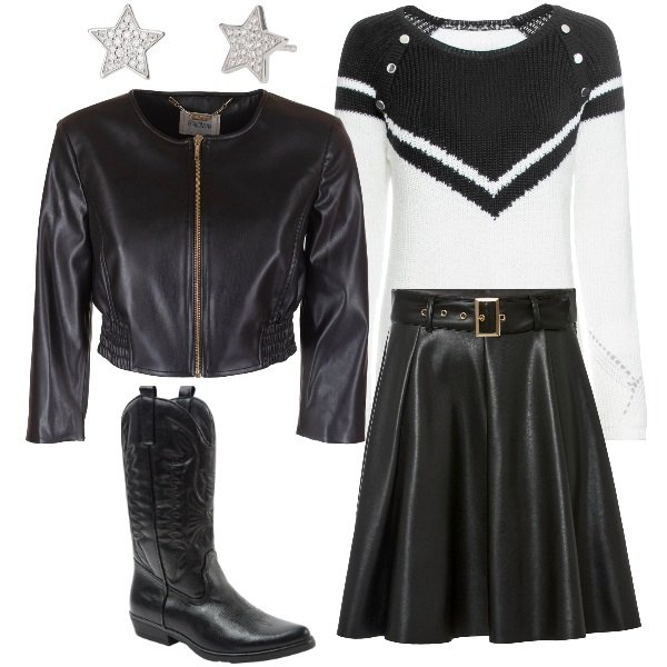 Outfit donna - Completo simil pelle. Stile Rock per Serata fuori. Abbinamento con maglieria, gonne, stivali, orecchini, blazer.