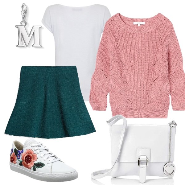 Outfit donna - Bianco colorato. Stile Urban per Tutti i giorni. Abbinamento con felpa con scollo rosa, sneakers bianco, gonna nero e verde, t-shirt bianco, shopping bag bianco, ciondolo.