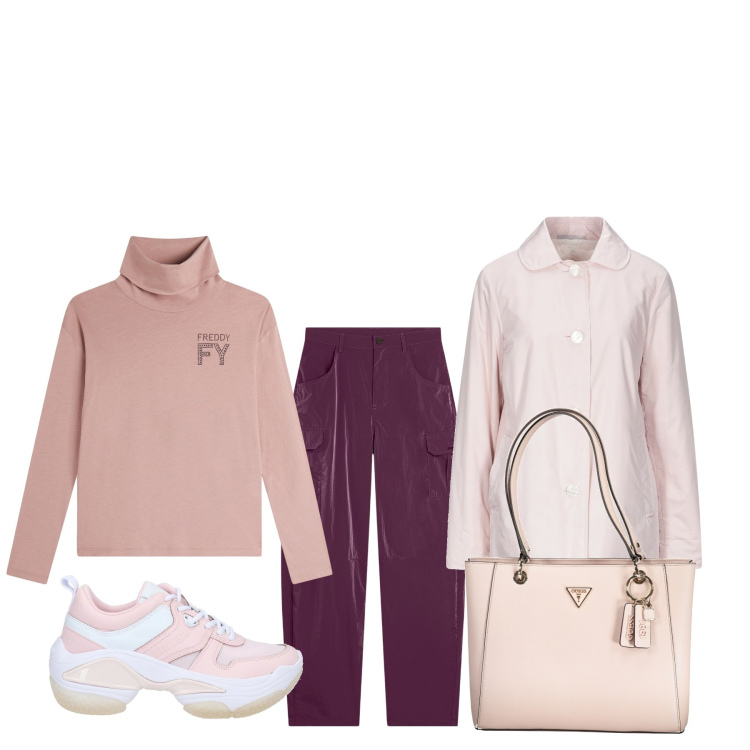 Outfit donna - Comoda con il trench. Stile Basic per Tutti i giorni. Abbinamento con sneakers, trench, pantaloni cargo, t-shirt, borse a spalla.