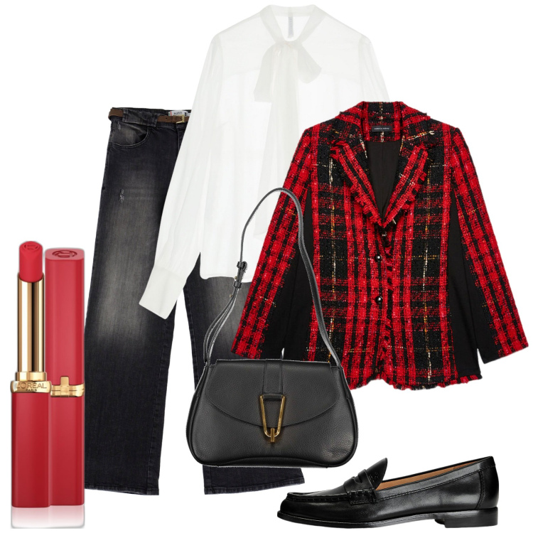 Outfit donna - Decisa. Stile Bon Ton per Ufficio. Abbinamento con rossetti, jeans, camicie, mocassini, blazer, borse a tracolla.