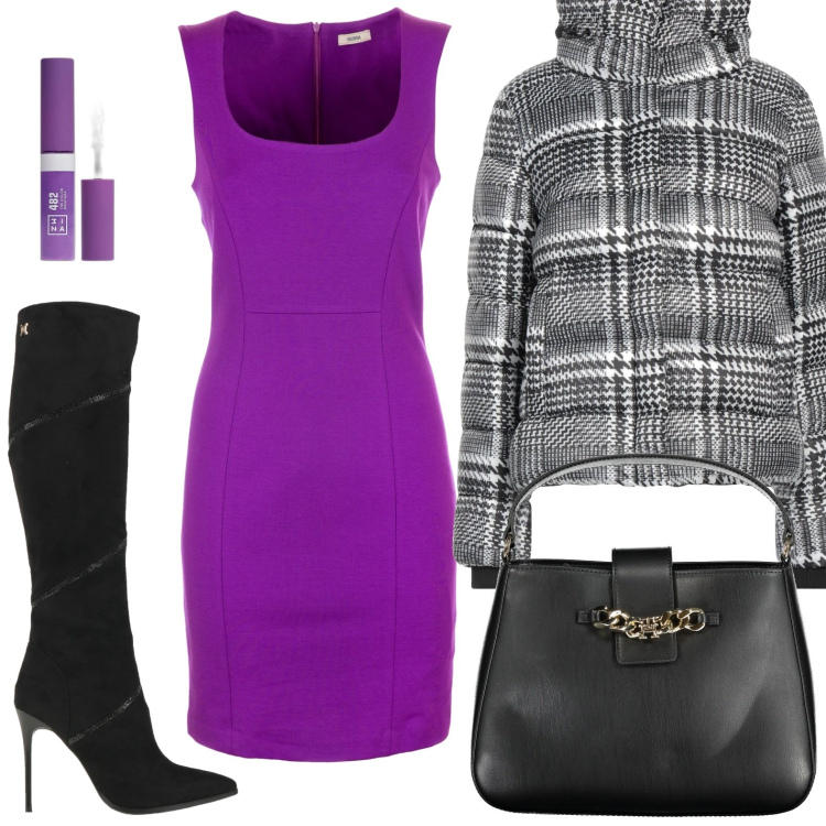 Outfit donna - Semplicemente trendy. Stile Trendy per Serata fuori. Abbinamento con piumini, stivali, mascara, vestiti senza maniche, borse a spalla.