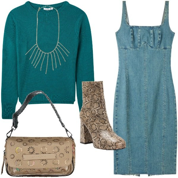 Outfit donna - Vestito e maglione. Stile Trendy per Tutti i giorni. Abbinamento con collane, vestiti lunghi, maglieria, stivaletti, borse a spalla.