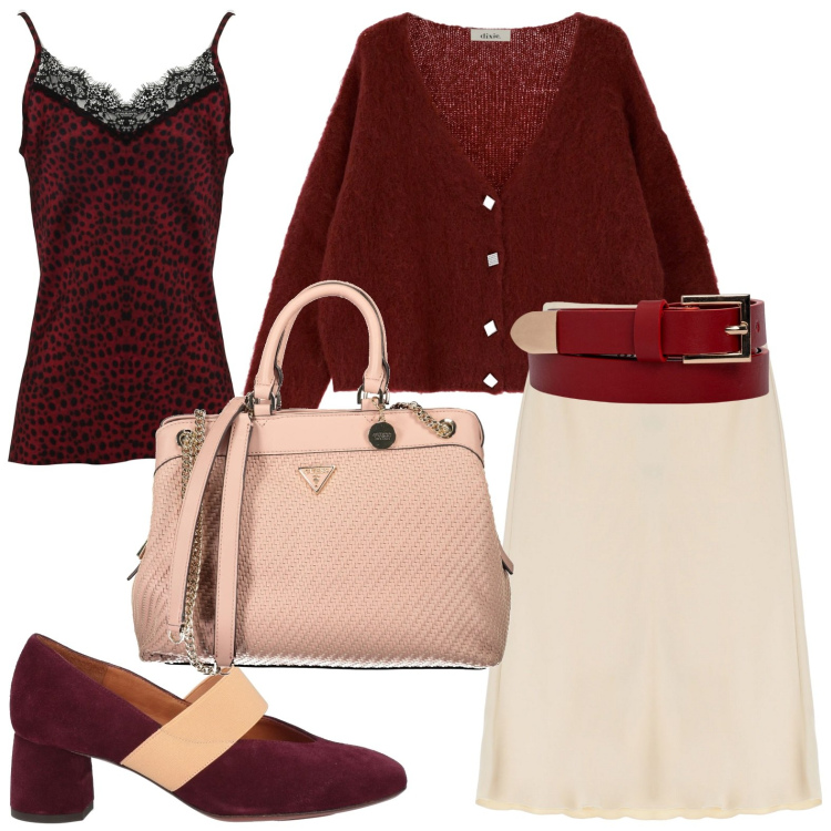 Outfit donna - Tendenza rosso rubino. Stile Bon Ton per Ufficio. Abbinamento con décolleté, canottiere, gonne, cardigans, borse a spalla, cinture.