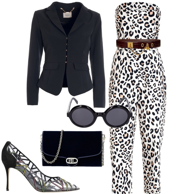 Outfit donna - Total look #1994849. Stile Chic per Serata fuori. Abbinamento con décolleté, tute, blazer, cinture, borse a tracolla, occhiali da sole.