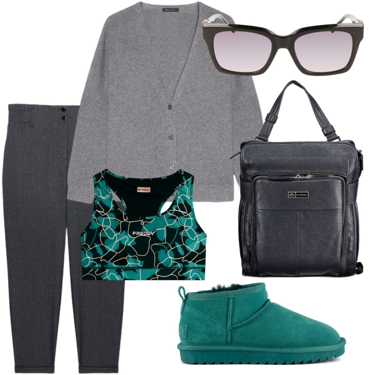 Outfit donna - Un tocco sportivo. Stile Casual chic per Scuola/Università. Abbinamento con reggiseni, stivali, pantaloni, zaini, cardigans, occhiali da sole.