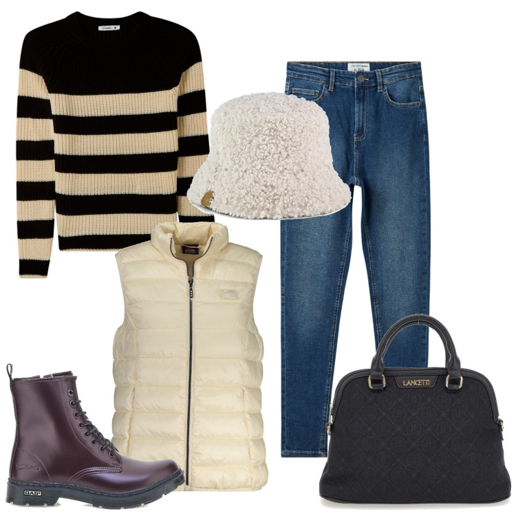 Outfit donna - Cappelli per l\'autunno. Stile Casual per Tutti i giorni. Abbinamento con maglieria, jeans skinny, borse a spalla, anfibi, blazer, cappelli.