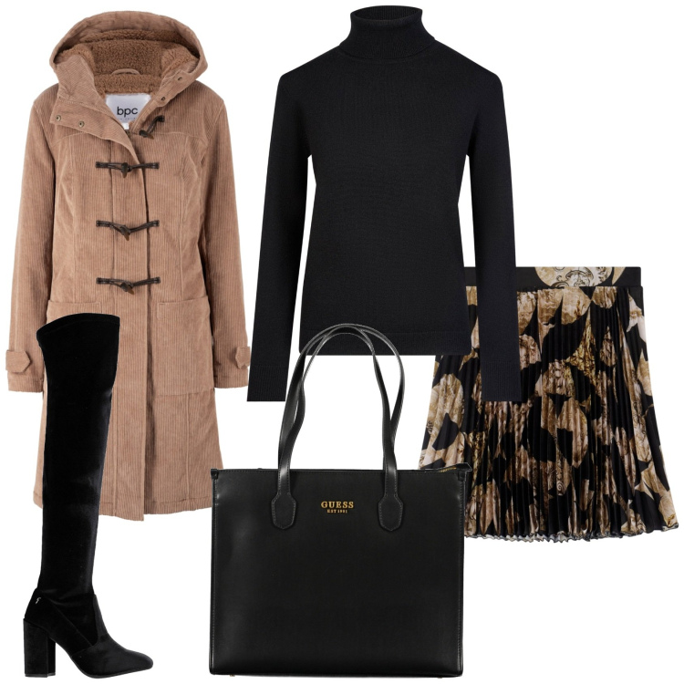 Outfit donna - Gonnellino e stivali. Stile Casual chic per Tutti i giorni. Abbinamento con montgomery, stivali, gonne, maglieria, borse a spalla.