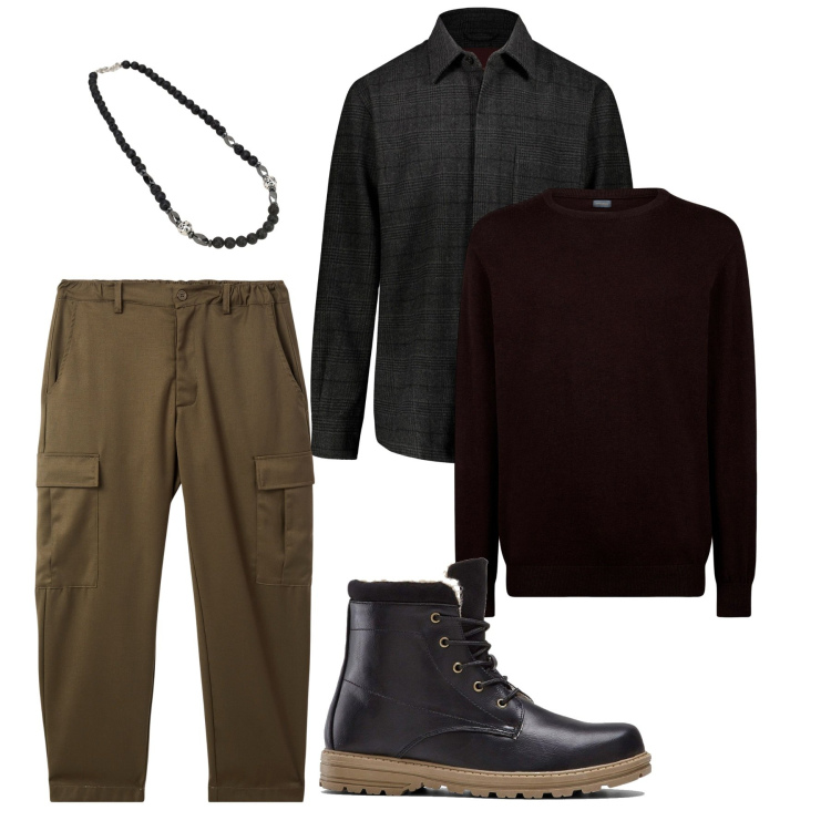 Outfit uomo - Novembre. Stile Urban per Tutti i giorni. Abbinamento con stivali e stivaletti, pantaloni cargo, collane, maglieria, cappotti.
