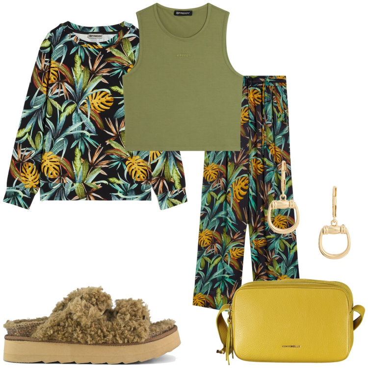Outfit donna - Freddy estivo. Stile Casual chic per Tutti i giorni. Abbinamento con top, pantaloni culotte, felpe, orecchini, sandali, borse a tracolla.