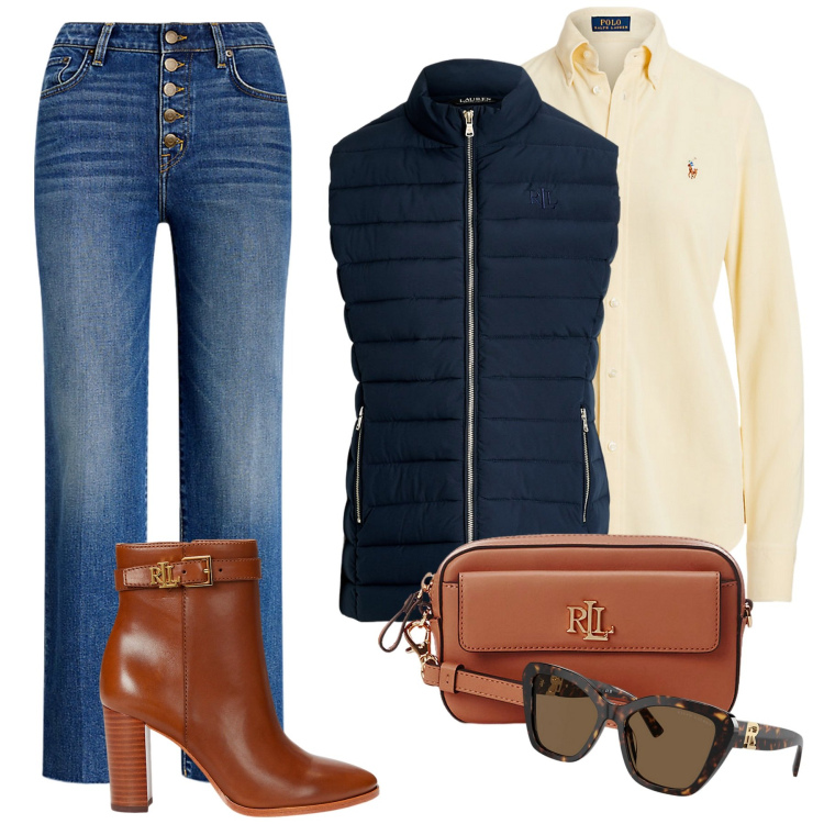 Outfit donna - Total look #1994872. Stile Sporty chic per Tutti i giorni. Abbinamento con occhiali da sole, pochette, jeans dritti, camicie, stivaletti, piumini.