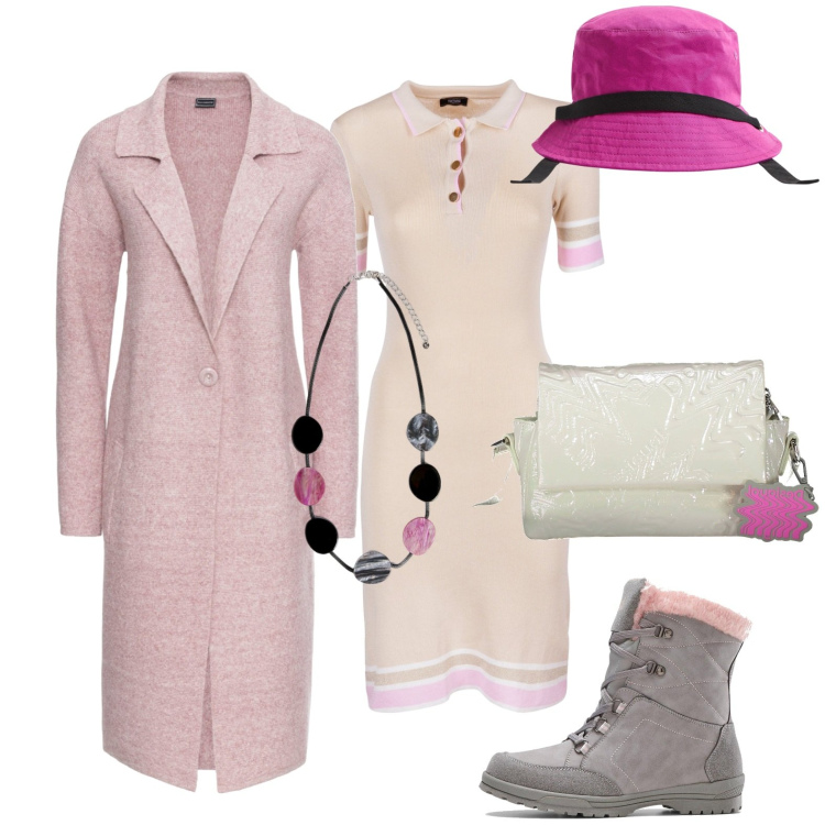 Outfit donna - Total look #1994880. Stile Casual per Tutti i giorni. Abbinamento con cappotti, stivali, cappelli, vestiti, borse a tracolla, collane.