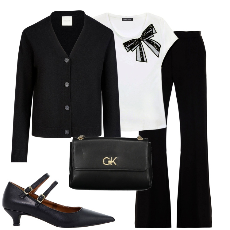 Outfit donna - City. Stile Casual chic per Tutti i giorni. Abbinamento con pantaloni a palazzo, décolleté, cardigans, borse a spalla, t-shirt.