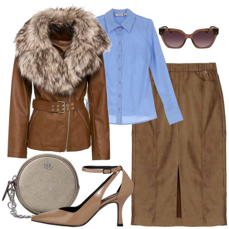 Outfit donna - City. Stile Trendy per Tutti i giorni. Abbinamento con blazer, camicie, gonne longuette, décolleté, pochette, occhiali da sole.