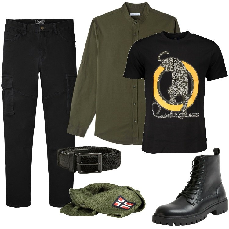 Outfit uomo - Total look #1994906. Stile Urban per Tutti i giorni. Abbinamento con pantaloni cargo, camicie, anfibi, cinture, sciarpe, t-shirt.