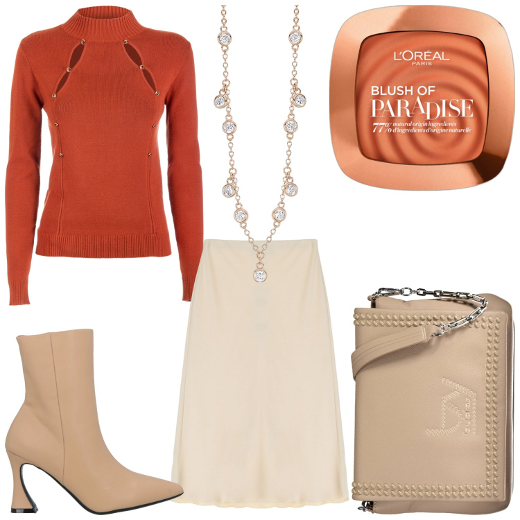 Outfit donna - Arancio chic. Stile Chic per Serata fuori. Abbinamento con stivaletti, blush, collane, maglieria, gonne, borse a spalla.