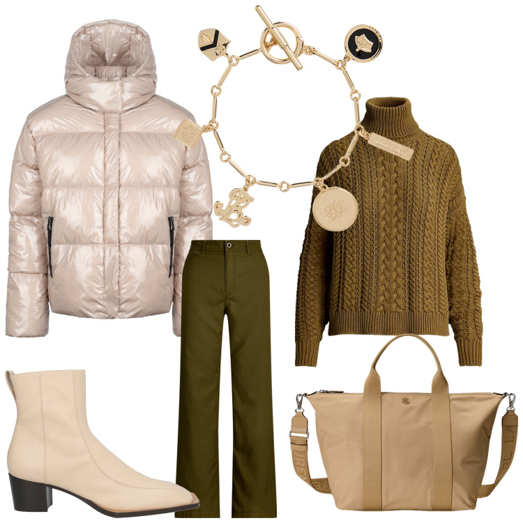 Outfit donna - Beige and company. Stile Casual chic per Ufficio. Abbinamento con stivaletti, borse tote, pantaloni, maglieria, braccialetti con ciondoli, blazer.