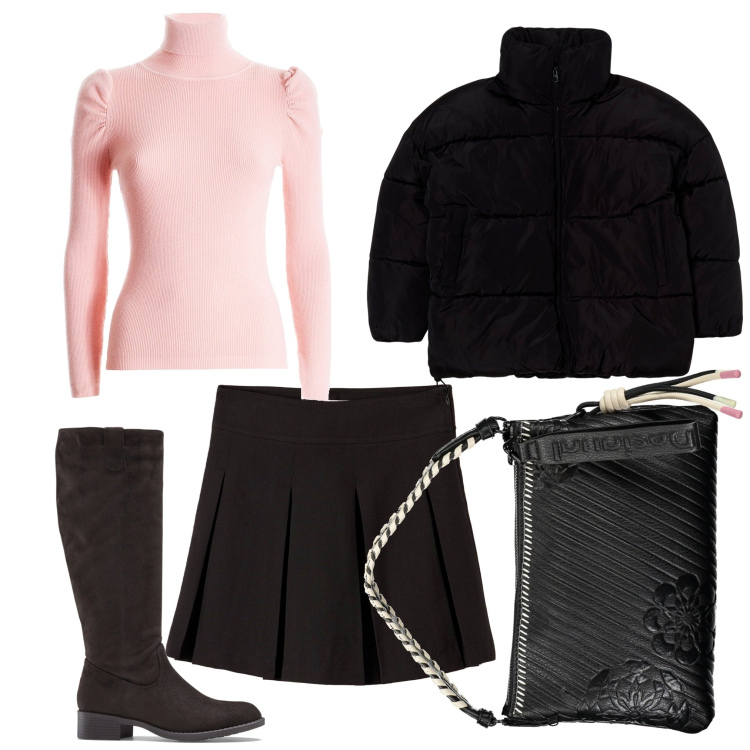 Outfit donna - Rosa confetto. Stile Preppy per Scuola/Università. Abbinamento con stivali, gonne, blazer, maglieria, borse a spalla.