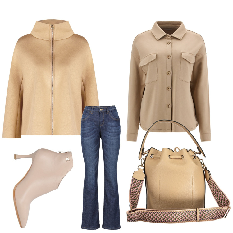 Outfit donna - In jeans. Stile Casual chic per Ufficio. Abbinamento con jeans bootcut, stivaletti, cappe, camicie, borse a spalla.