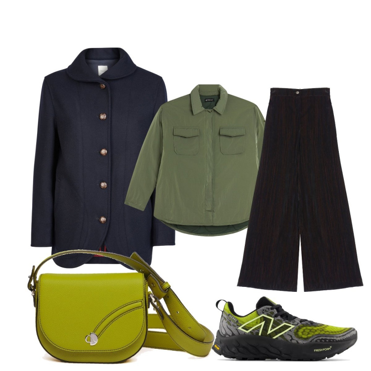 Outfit donna - Tonalità di verde. Stile Minimal per Tutti i giorni. Abbinamento con sneakers, camicie, pantaloni a palazzo, blazer, borse a tracolla.