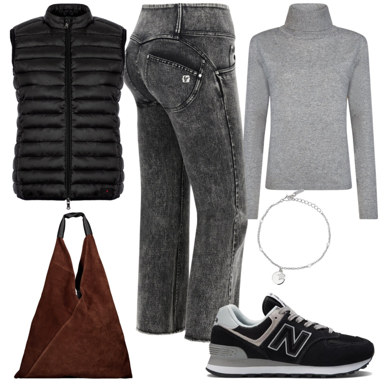 Outfit donna - Grigio a novembre. Stile Casual per Tutti i giorni. Abbinamento con braccialetti con ciondoli, sneakers, jeans a zampa, piumini, maglieria, borse a spalla.