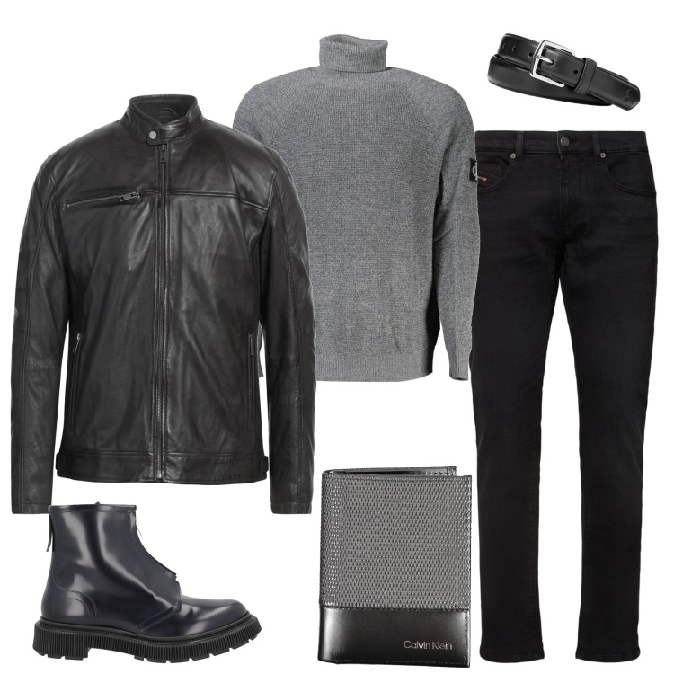 Outfit uomo - Dettaglio in pelle. Stile Biker Rock per Serata speciale. Abbinamento con stivali e stivaletti, giacche, cinture, maglieria, jeans slim fit, portafogli.
