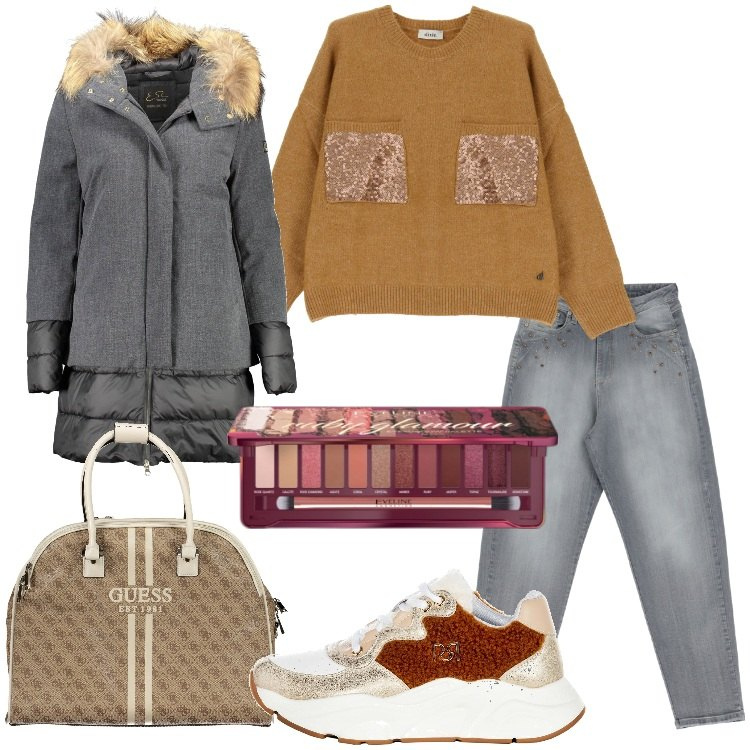 Outfit donna - Maglieria avvolgente. Stile Trendy per Scuola/Università. Abbinamento con ombretti, sneakers, jeans, pullovers, piumini, borse sportive.