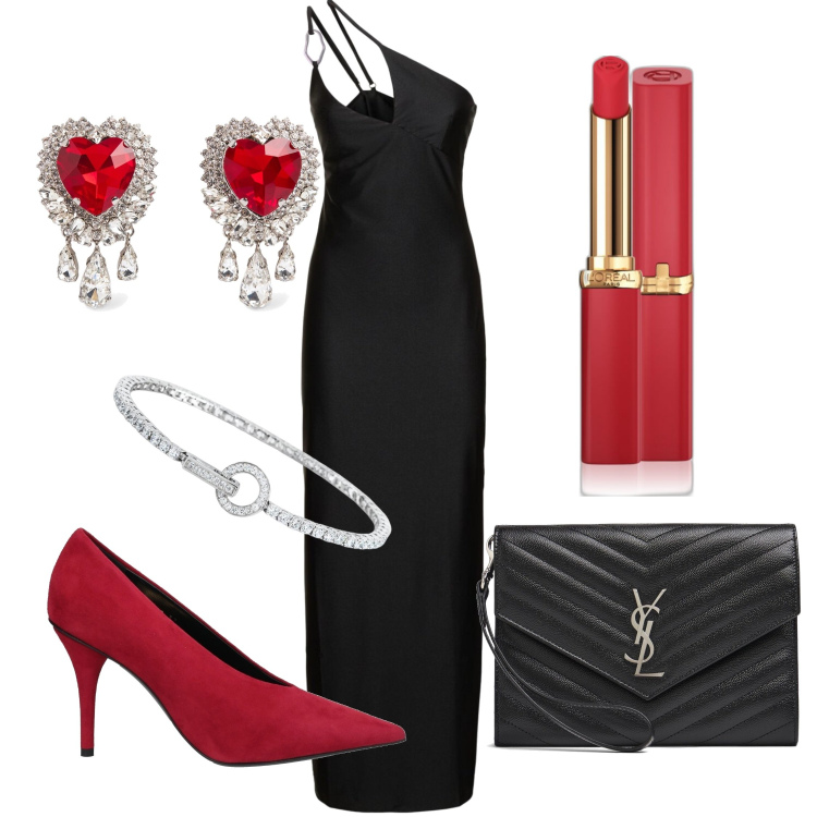 Outfit donna - Elegance. Stile Chic per Serata fuori. Abbinamento con décolleté, rossetti, braccialetti, pochette, vestiti asimmetrici, orecchini.