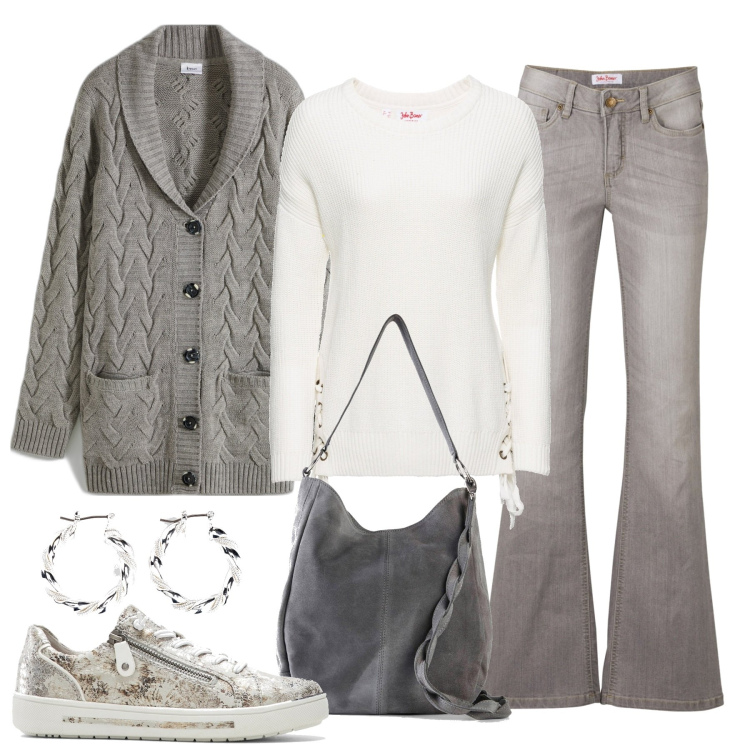 Outfit donna - Grigio in trend. Stile Basic per Tutti i giorni. Abbinamento con cardigans, jeans bootcut, borse a mano, orecchini, maglieria, sneakers.