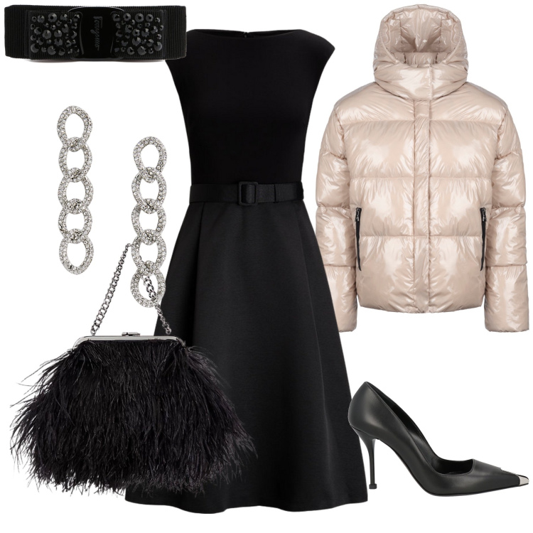 Outfit donna - Caldo fuori con LBD. Stile Chic per Serata fuori. Abbinamento con décolleté, vestiti, clutch, orecchini, blazer, accessori per capelli.