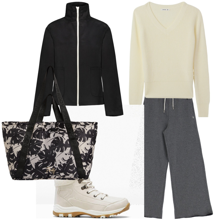 Outfit donna - Basic look. Stile Basic per Tutti i giorni. Abbinamento con stivaletti, maglieria, pantaloni a palazzo, shopping bag, blazer.