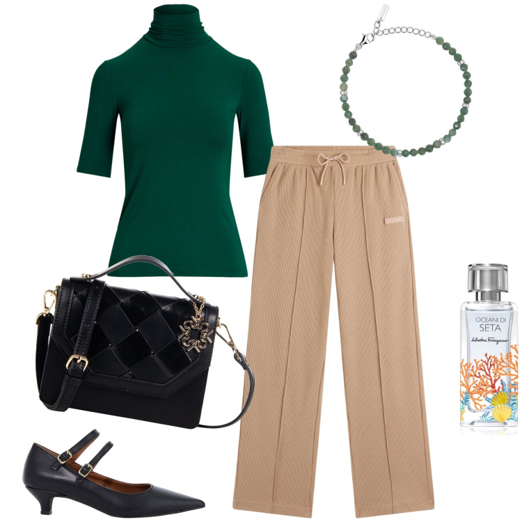 Outfit donna - In ufficio fa caldo. Stile Urban per Ufficio. Abbinamento con borse a tracolla, profumi, braccialetti, pantaloni, décolleté, maglieria.