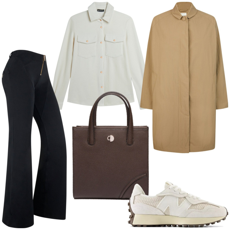 Outfit donna - Soprabito dal taglio dritto. Stile Casual chic per Ufficio. Abbinamento con sneakers, pantaloni, camicie, trench, shopping bag.
