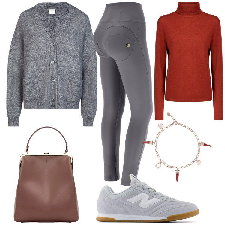 Outfit donna - Grigio per Novembre. Stile Casual chic per Ufficio. Abbinamento con braccialetti, sneakers, pantaloni skinny, borse a spalla, cardigans, maglieria.