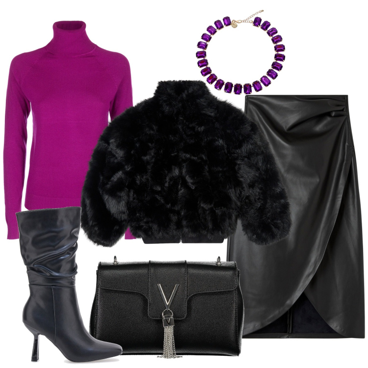 Outfit donna - Glamrock. Stile Glamour per Serata fuori. Abbinamento con gonne, ecopellicce, maglieria, collane, stivali, borse a tracolla.