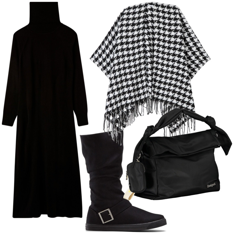 Outfit donna - Primo freddo. Stile Minimal per Tutti i giorni. Abbinamento con stivali, vestiti lunghi, cappe, borse a spalla.