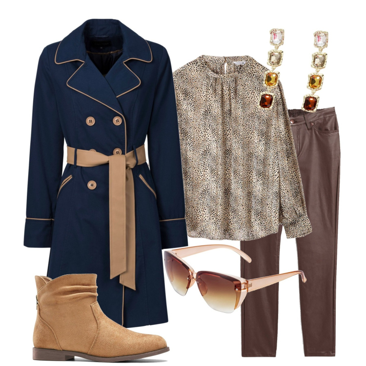 Outfit donna - Total look #1994980. Stile Casual chic per Tutti i giorni. Abbinamento con trench, occhiali da sole, pantaloni skinny, stivaletti, bluse, orecchini.