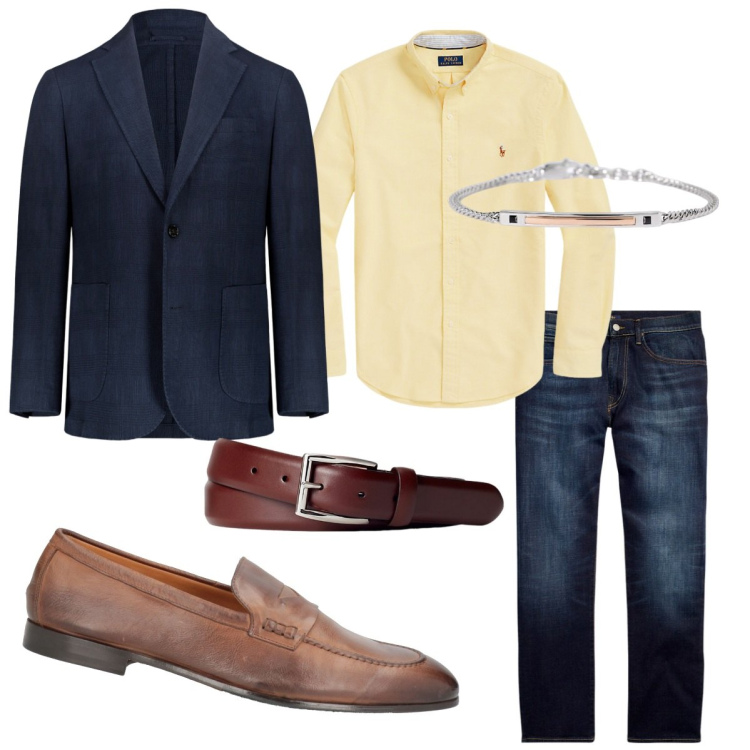 Outfit uomo - Il blazer classico. Stile Casual per Serata speciale. Abbinamento con scarpe stringate, braccialetti, jeans dritti, camicie, cinture, giacche.
